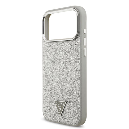 Apple iPhone 17 Pro Max Kılıf Guess Orjinal Lisanslı M-safe Şarj Özellikli Metal Kamera Çerçeveli Üçgen Logolu Glitter Kapak