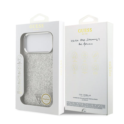 Apple iPhone 17 Pro Max Kılıf Guess Orjinal Lisanslı M-safe Şarj Özellikli Metal Kamera Çerçeveli Üçgen Logolu Glitter Kapak