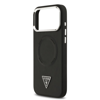 Apple iPhone 17 Pro Max Kılıf Guess Orjinal Lisanslı M-safe Şarj Özellikli PU Deri Metal Kamera Çerçeveli Üçgen Logolu Kapak