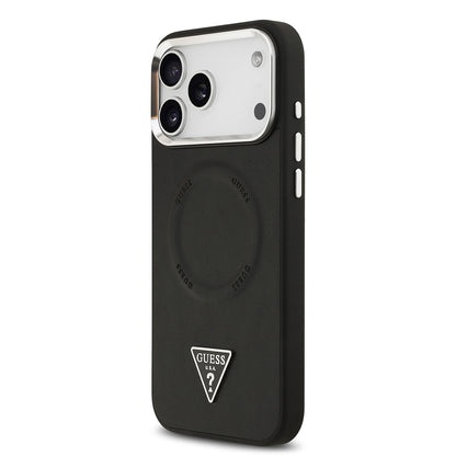 Apple iPhone 17 Pro Max Kılıf Guess Orjinal Lisanslı M-safe Şarj Özellikli PU Deri Metal Kamera Çerçeveli Üçgen Logolu Kapak