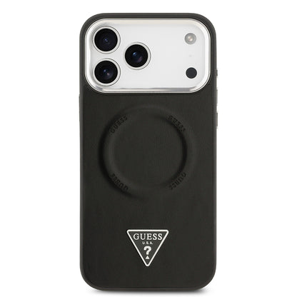 Apple iPhone 17 Pro Max Kılıf Guess Orjinal Lisanslı M-safe Şarj Özellikli PU Deri Metal Kamera Çerçeveli Üçgen Logolu Kapak