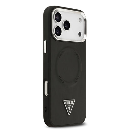 Apple iPhone 17 Pro Max Kılıf Guess Orjinal Lisanslı M-safe Şarj Özellikli PU Deri Metal Kamera Çerçeveli Üçgen Logolu Kapak