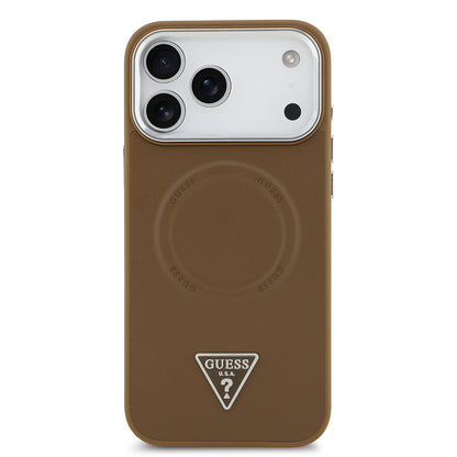 Apple iPhone 17 Pro Max Kılıf Guess Orjinal Lisanslı M-safe Şarj Özellikli PU Deri Metal Kamera Çerçeveli Üçgen Logolu Kapak