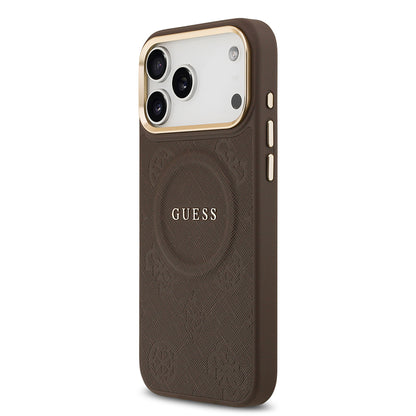 Apple iPhone 17 Pro Max Kılıf Guess Orjinal Lisanslı M-safe Şarj Özellikli Sıcak Baskılı Yazı Logolu PU Deri Peony Kapak