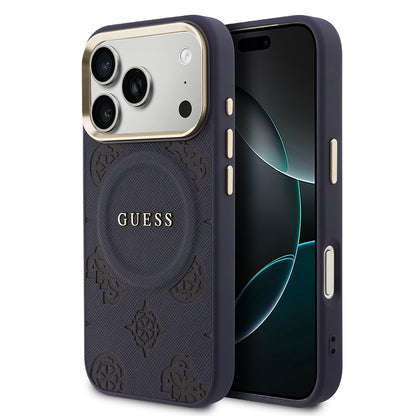 Apple iPhone 17 Pro Max Kılıf Guess Orjinal Lisanslı M-safe Şarj Özellikli Sıcak Baskılı Yazı Logolu PU Deri Peony Kapak