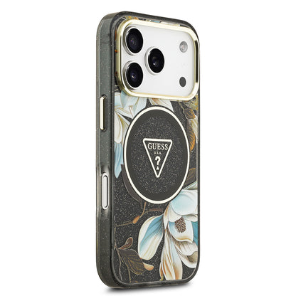 Apple iPhone 17 Pro Max Kılıf Guess Orjinal Lisanslı M-safe Şarj Özellikli Simli Çiçek Desenli Metal Kamera Çerçeveli Üçgen Logolu Kapak