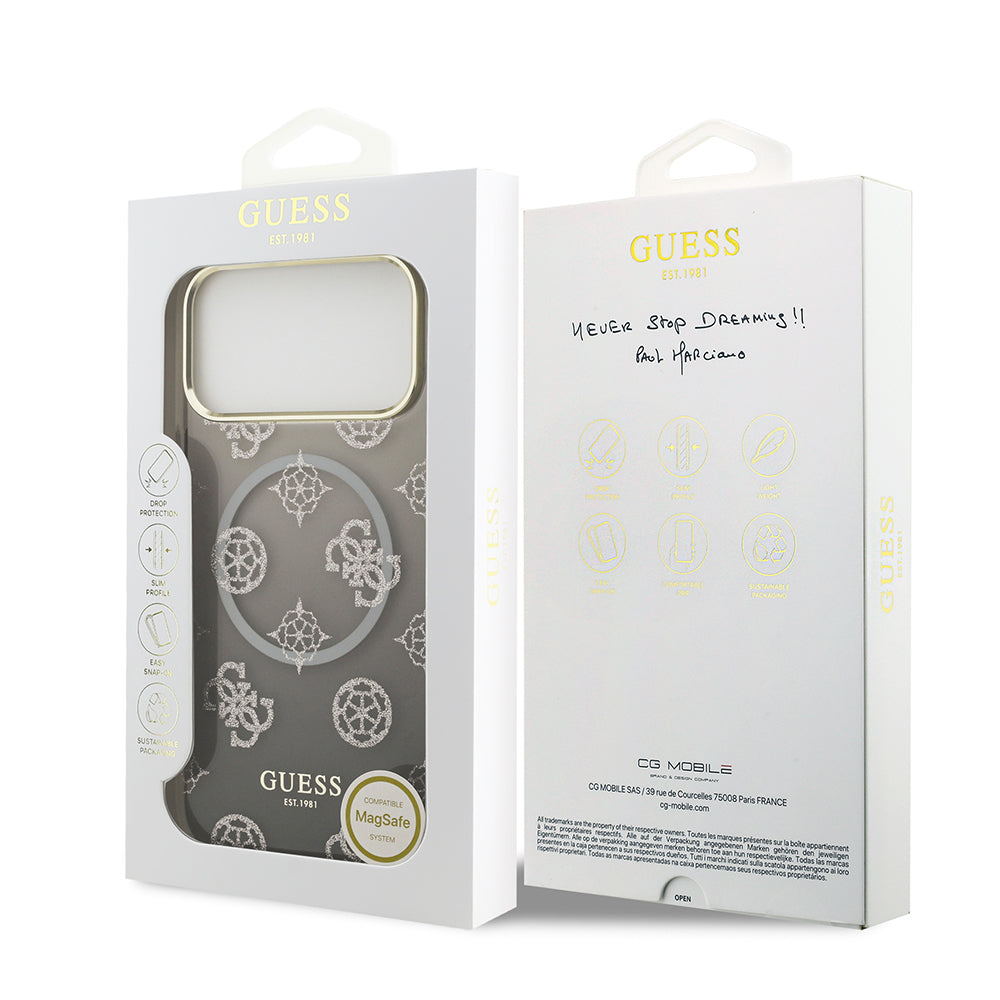 Apple iPhone 17 Pro Max Kılıf Guess Orjinal Lisanslı M-safe Şarj Özellikli Simli Peony Desenli Silikon Kapak