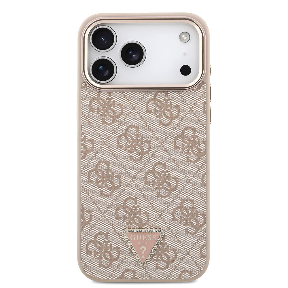 Apple iPhone 17 Pro Max Kılıf Guess Orjinal Lisanslı M-safe Şarj Özellikli Taşlı Üçgen Logo 4G Desenli Kapak