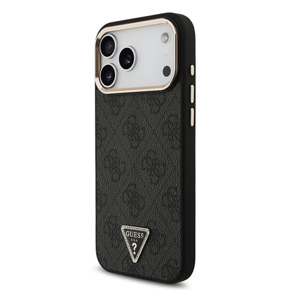 Apple iPhone 17 Pro Max Kılıf Guess Orjinal Lisanslı M-safe Şarj Özellikli Taşlı Üçgen Logo 4G Desenli Kapak