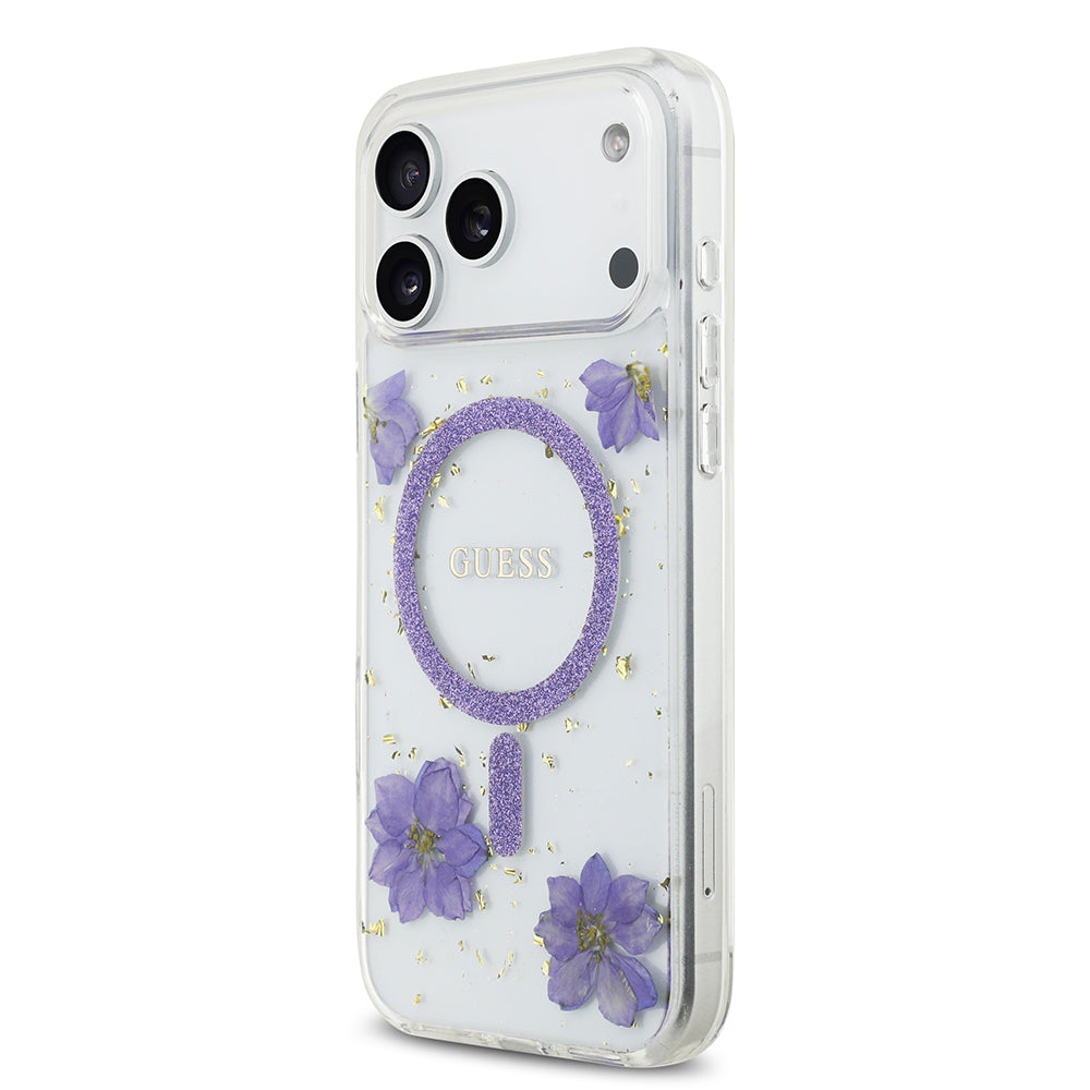 Apple iPhone 17 Pro Max Kılıf Guess Orjinal Lisanslı M-safe Şarj Özellikli Transparan Resin Flowers Kapak