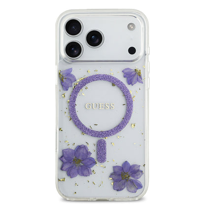 Apple iPhone 17 Pro Max Kılıf Guess Orjinal Lisanslı M-safe Şarj Özellikli Transparan Resin Flowers Kapak