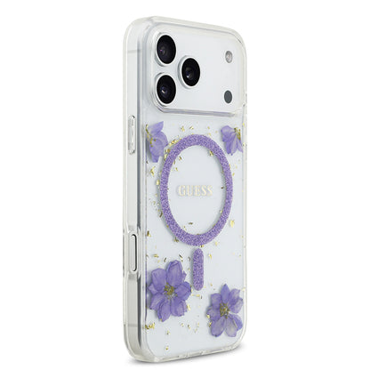 Apple iPhone 17 Pro Max Kılıf Guess Orjinal Lisanslı M-safe Şarj Özellikli Transparan Resin Flowers Kapak