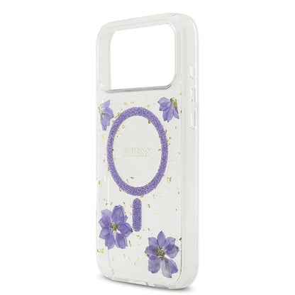 Apple iPhone 17 Pro Max Kılıf Guess Orjinal Lisanslı M-safe Şarj Özellikli Transparan Resin Flowers Kapak
