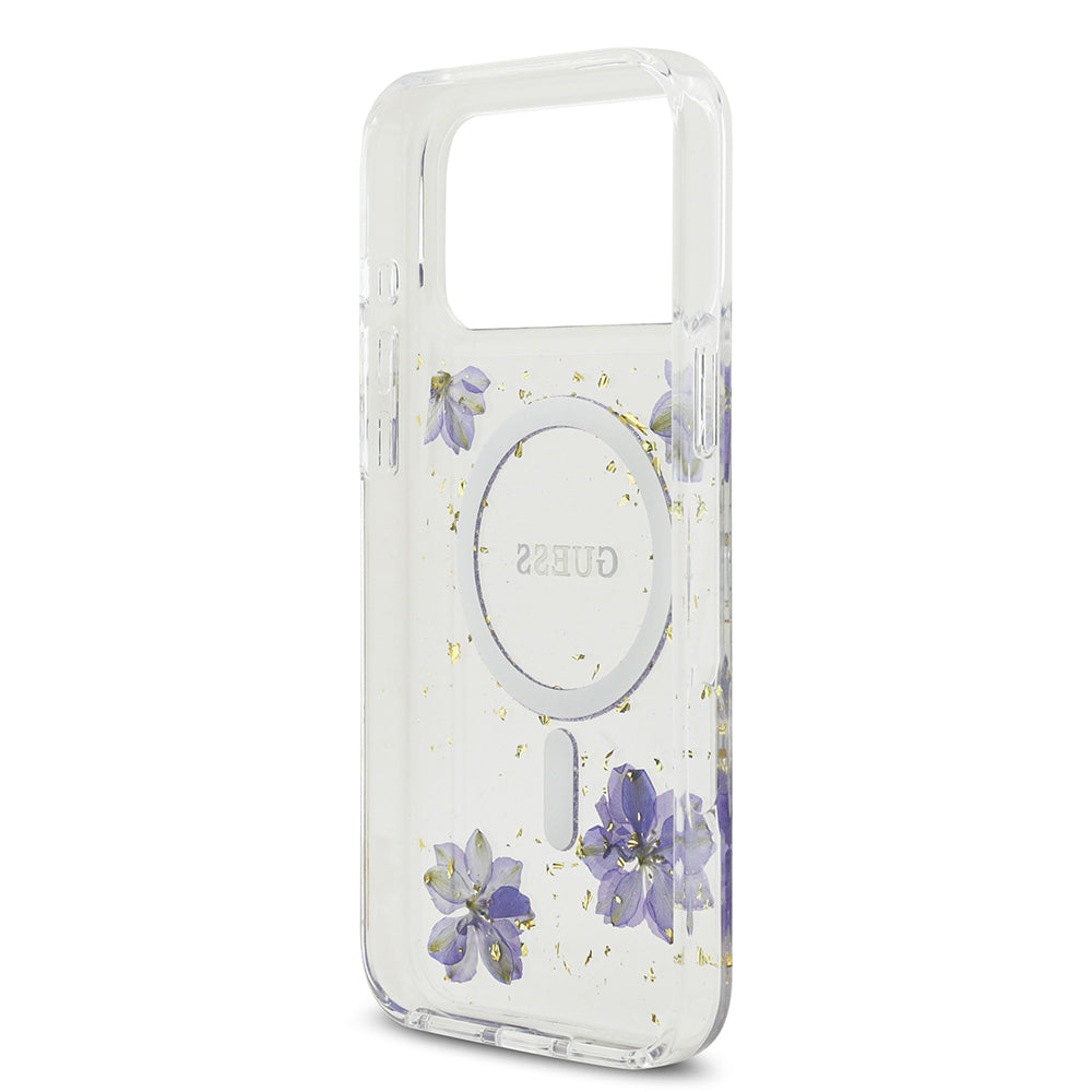 Apple iPhone 17 Pro Max Kılıf Guess Orjinal Lisanslı M-safe Şarj Özellikli Transparan Resin Flowers Kapak