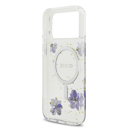 Apple iPhone 17 Pro Max Kılıf Guess Orjinal Lisanslı M-safe Şarj Özellikli Transparan Resin Flowers Kapak