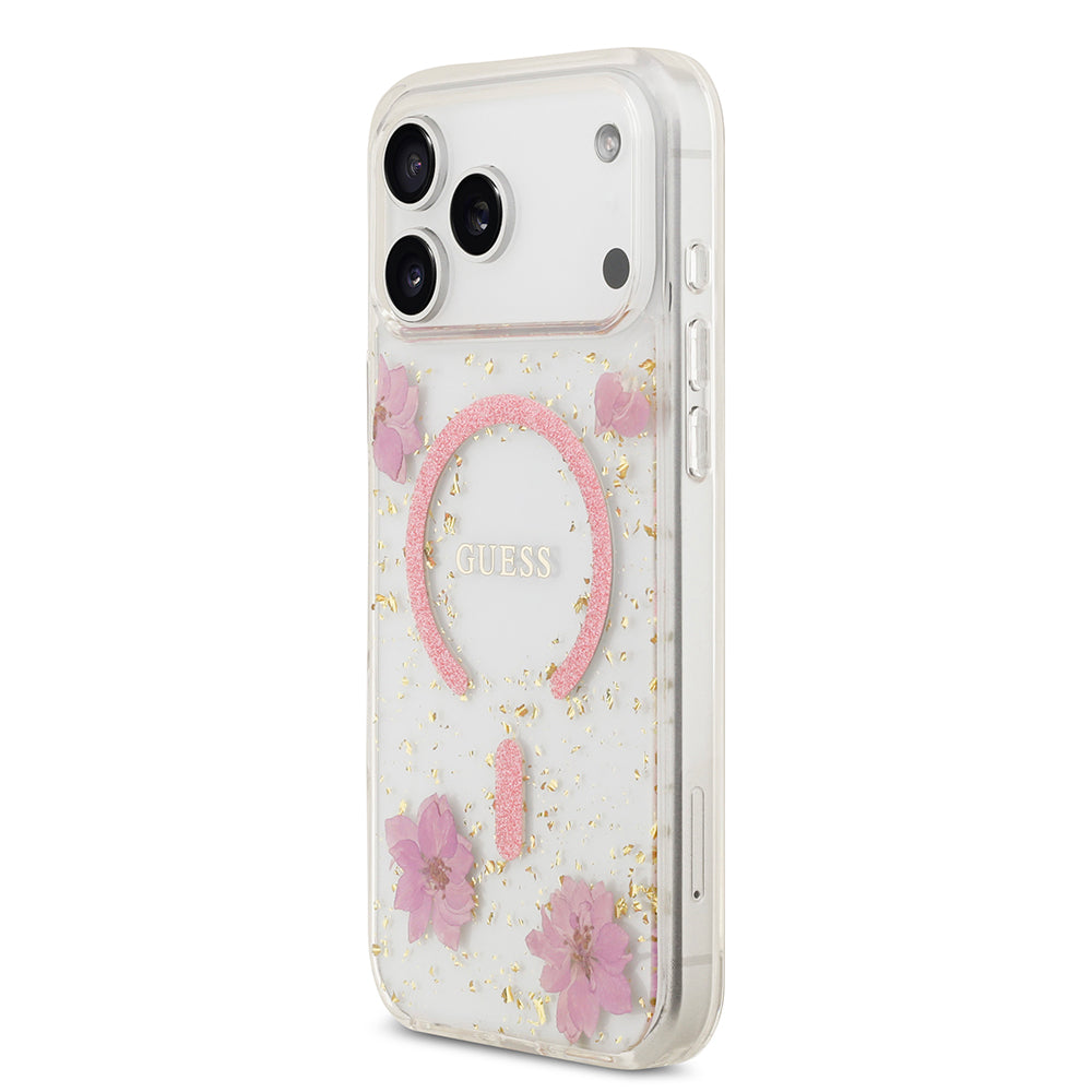 Apple iPhone 17 Pro Max Kılıf Guess Orjinal Lisanslı M-safe Şarj Özellikli Transparan Resin Flowers Kapak