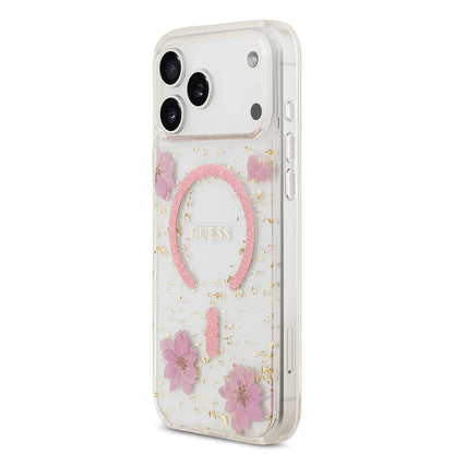 Apple iPhone 17 Pro Max Kılıf Guess Orjinal Lisanslı M-safe Şarj Özellikli Transparan Resin Flowers Kapak