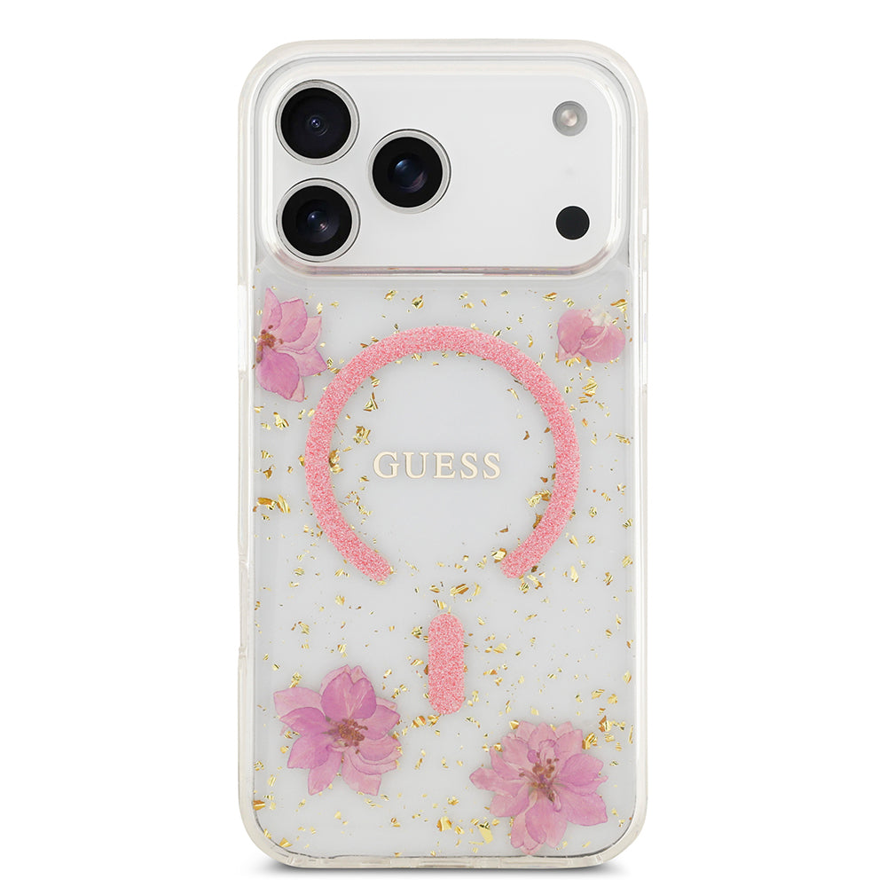 Apple iPhone 17 Pro Max Kılıf Guess Orjinal Lisanslı M-safe Şarj Özellikli Transparan Resin Flowers Kapak