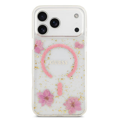 Apple iPhone 17 Pro Max Kılıf Guess Orjinal Lisanslı M-safe Şarj Özellikli Transparan Resin Flowers Kapak
