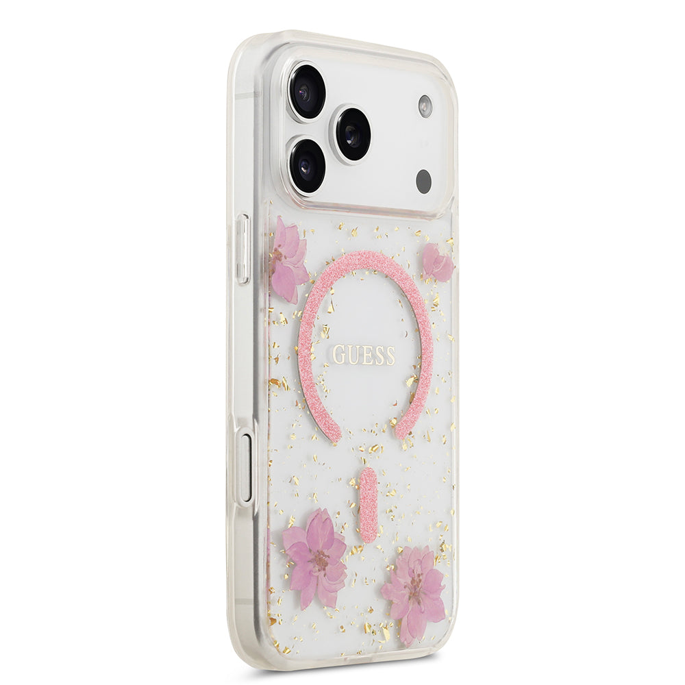 Apple iPhone 17 Pro Max Kılıf Guess Orjinal Lisanslı M-safe Şarj Özellikli Transparan Resin Flowers Kapak