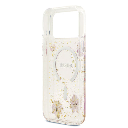 Apple iPhone 17 Pro Max Kılıf Guess Orjinal Lisanslı M-safe Şarj Özellikli Transparan Resin Flowers Kapak
