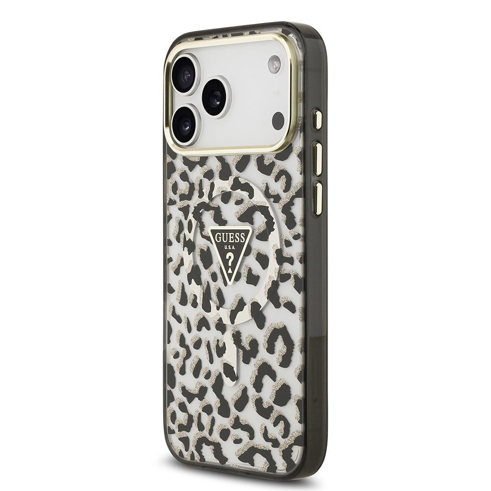 Apple iPhone 17 Pro Max Kılıf Guess Orjinal Lisanslı M-safe Şarj Özellikli Üçgen Logolu Simli Leopar Desenli Kapak