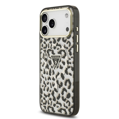 Apple iPhone 17 Pro Max Kılıf Guess Orjinal Lisanslı M-safe Şarj Özellikli Üçgen Logolu Simli Leopar Desenli Kapak