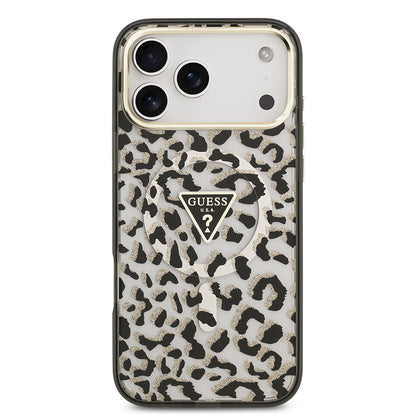 Apple iPhone 17 Pro Max Kılıf Guess Orjinal Lisanslı M-safe Şarj Özellikli Üçgen Logolu Simli Leopar Desenli Kapak