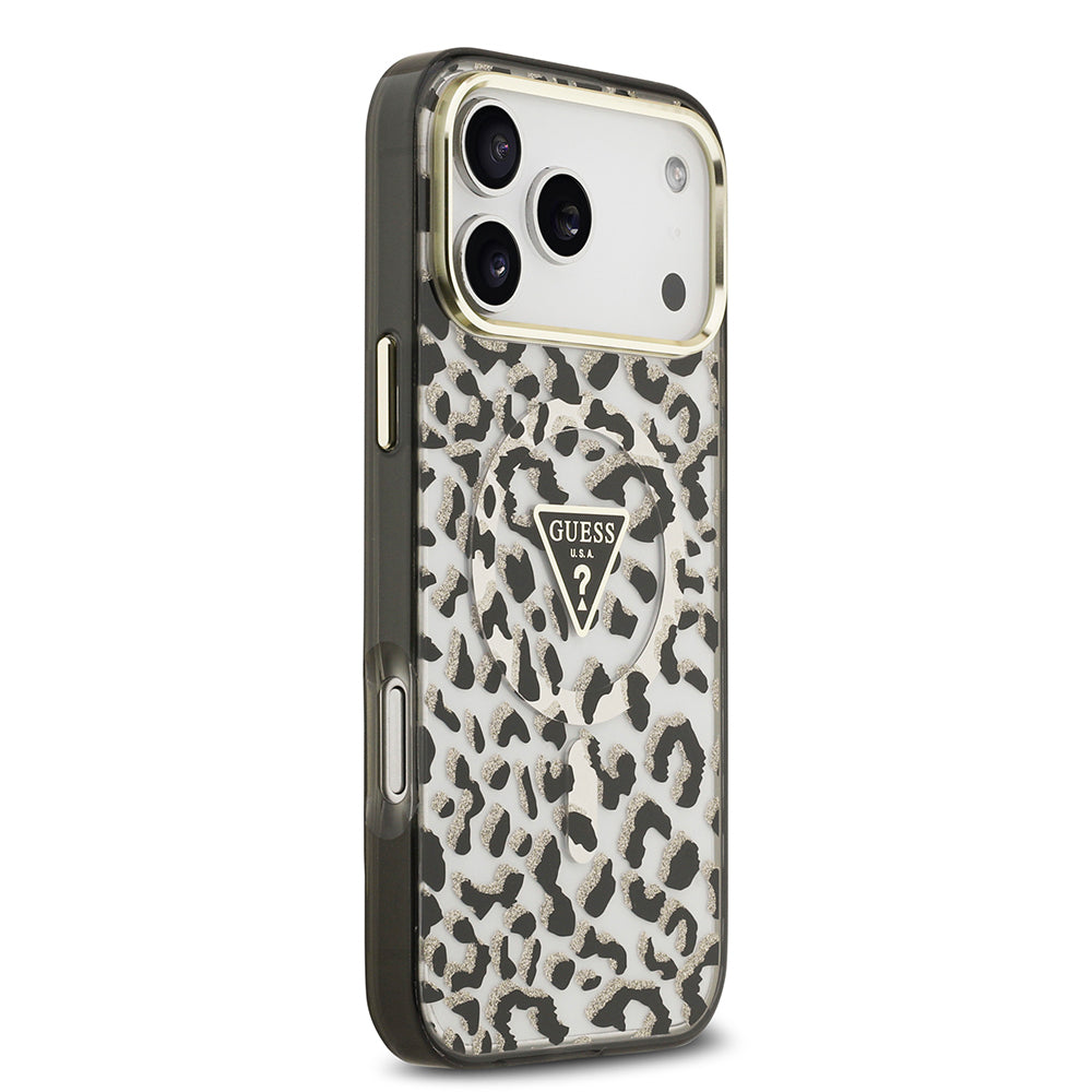 Apple iPhone 17 Pro Max Kılıf Guess Orjinal Lisanslı M-safe Şarj Özellikli Üçgen Logolu Simli Leopar Desenli Kapak