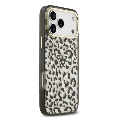 Apple iPhone 17 Pro Max Kılıf Guess Orjinal Lisanslı M-safe Şarj Özellikli Üçgen Logolu Simli Leopar Desenli Kapak