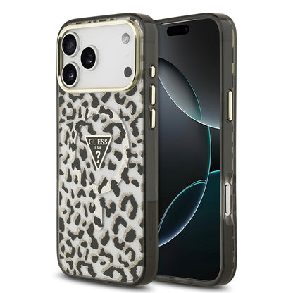 Apple iPhone 17 Pro Max Kılıf Guess Orjinal Lisanslı M-safe Şarj Özellikli Üçgen Logolu Simli Leopar Desenli Kapak