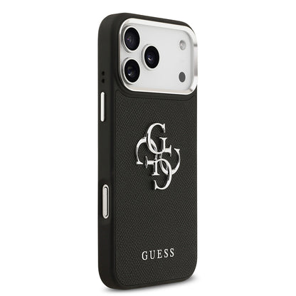 Apple iPhone 17 Pro Max Kılıf Guess Orjinal Lisanslı Metal Kamera Çerçeveli Metal Büyük 4G ve Yazı Logolu PU Deri Kapak