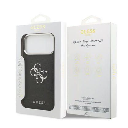 Apple iPhone 17 Pro Max Kılıf Guess Orjinal Lisanslı Metal Kamera Çerçeveli Metal Büyük 4G ve Yazı Logolu PU Deri Kapak
