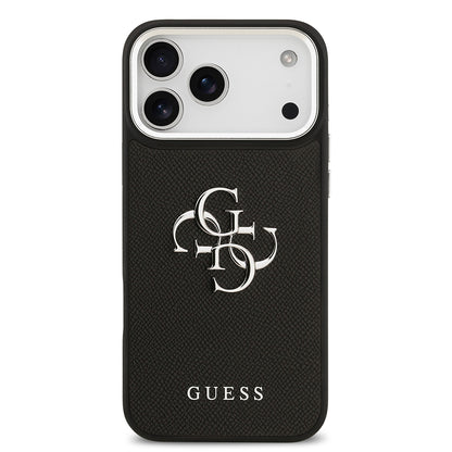 Apple iPhone 17 Pro Max Kılıf Guess Orjinal Lisanslı Metal Kamera Çerçeveli Metal Büyük 4G ve Yazı Logolu PU Deri Kapak
