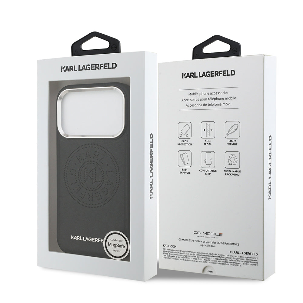 Apple iPhone 17 Pro Max Kılıf Karl Lagerfeld Orjinal Lisanslı M-safe Şarj Özellikli Delikli Tasarım Metal Logolu PU Deri Kapak