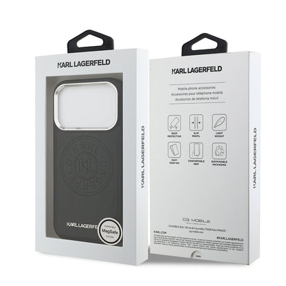 Apple iPhone 17 Pro Max Kılıf Karl Lagerfeld Orjinal Lisanslı M-safe Şarj Özellikli Delikli Tasarım Metal Logolu PU Deri Kapak