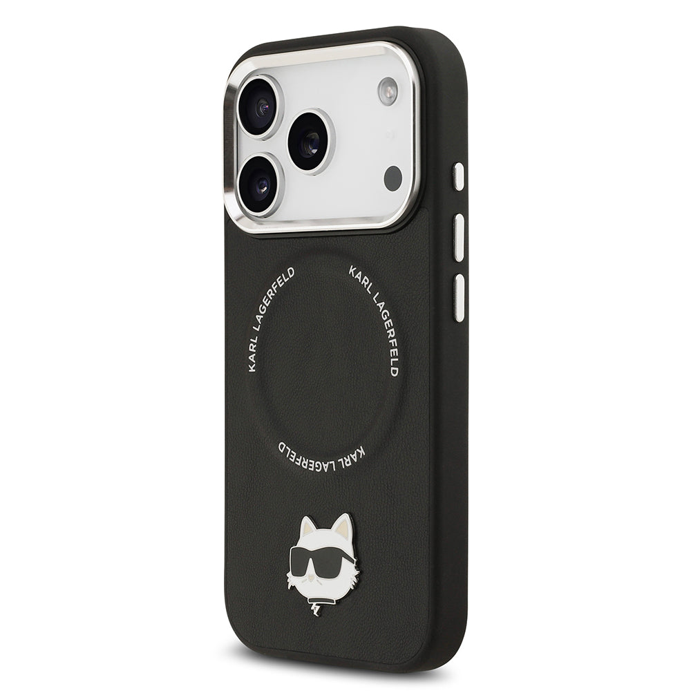 Apple iPhone 17 Pro Max Kılıf Karl Lagerfeld Orjinal Lisanslı M-safe Şarj Özellikli Metal Kamera ve Buton Tasarımlı Choupette PU Deri Kapak