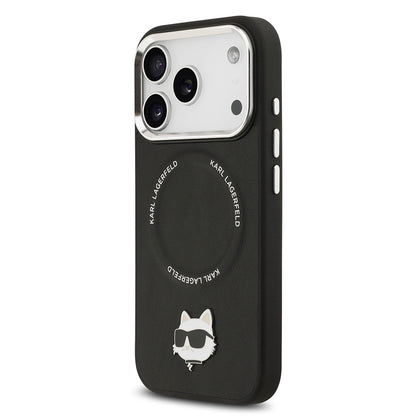 Apple iPhone 17 Pro Max Kılıf Karl Lagerfeld Orjinal Lisanslı M-safe Şarj Özellikli Metal Kamera ve Buton Tasarımlı Choupette PU Deri Kapak