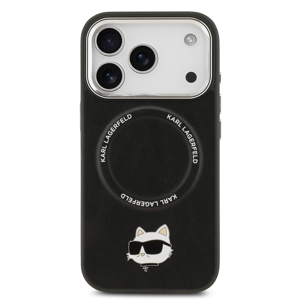 Apple iPhone 17 Pro Max Kılıf Karl Lagerfeld Orjinal Lisanslı M-safe Şarj Özellikli Metal Kamera ve Buton Tasarımlı Choupette PU Deri Kapak
