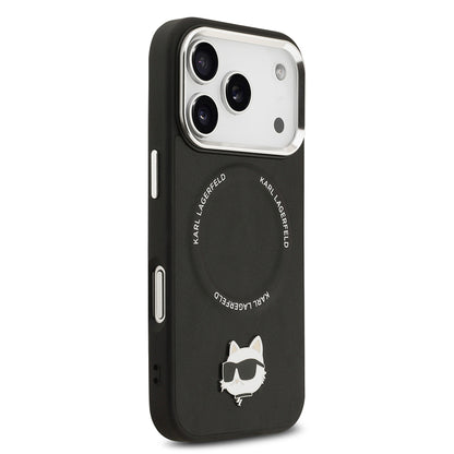 Apple iPhone 17 Pro Max Kılıf Karl Lagerfeld Orjinal Lisanslı M-safe Şarj Özellikli Metal Kamera ve Buton Tasarımlı Choupette PU Deri Kapak