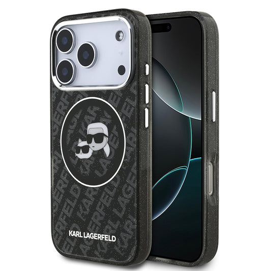Apple iPhone 17 Pro Max Kılıf Karl Lagerfeld Orjinal Lisanslı Parlayan Simli Karl & Choupette Heads Kapak