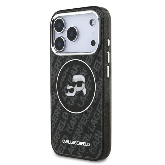 Apple iPhone 17 Pro Max Kılıf Karl Lagerfeld Orjinal Lisanslı Parlayan Simli Karl & Choupette Heads Kapak
