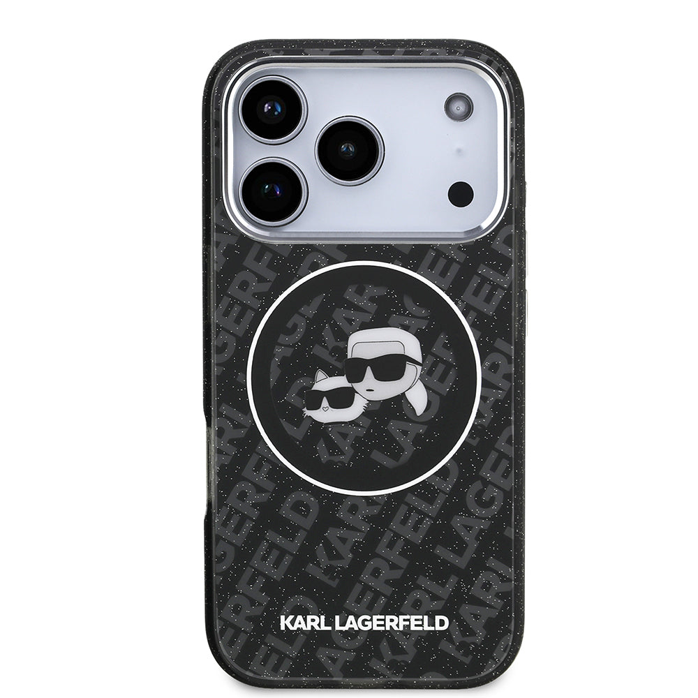 Apple iPhone 17 Pro Max Kılıf Karl Lagerfeld Orjinal Lisanslı Parlayan Simli Karl & Choupette Heads Kapak