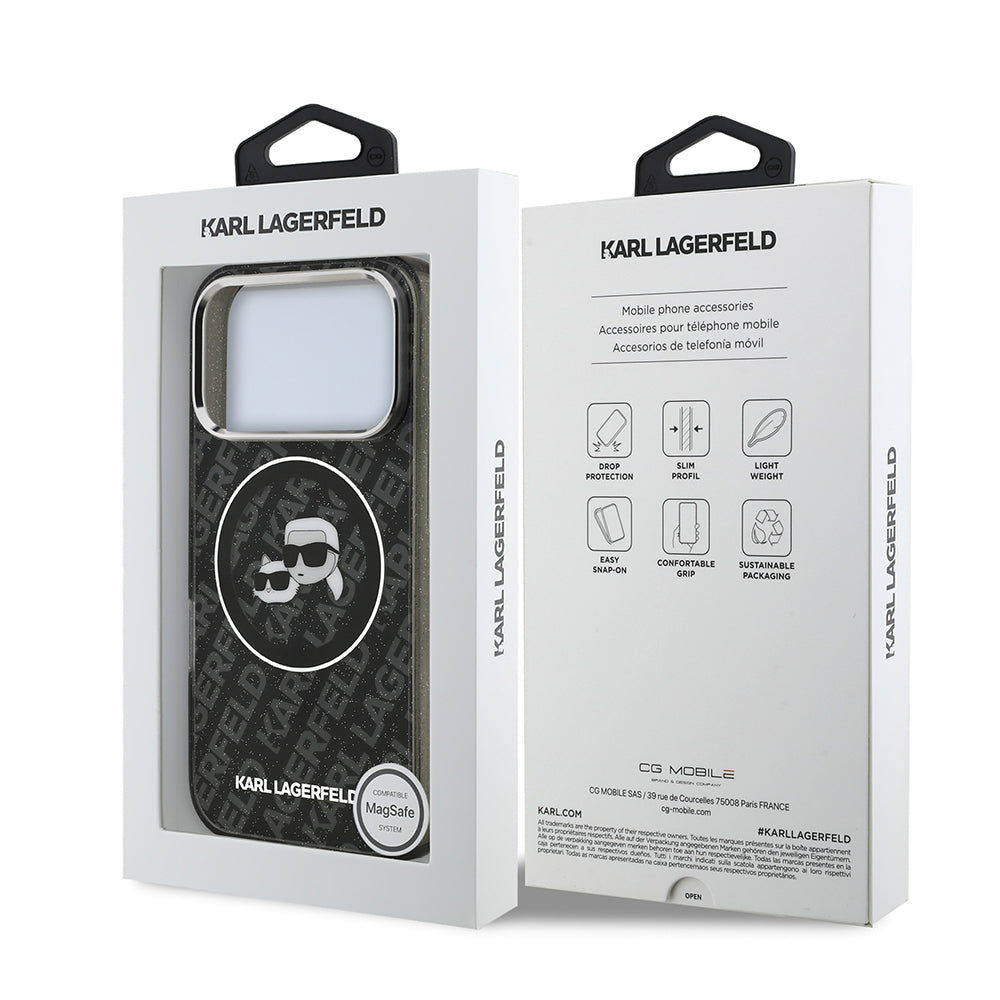 Apple iPhone 17 Pro Max Kılıf Karl Lagerfeld Orjinal Lisanslı Parlayan Simli Karl & Choupette Heads Kapak
