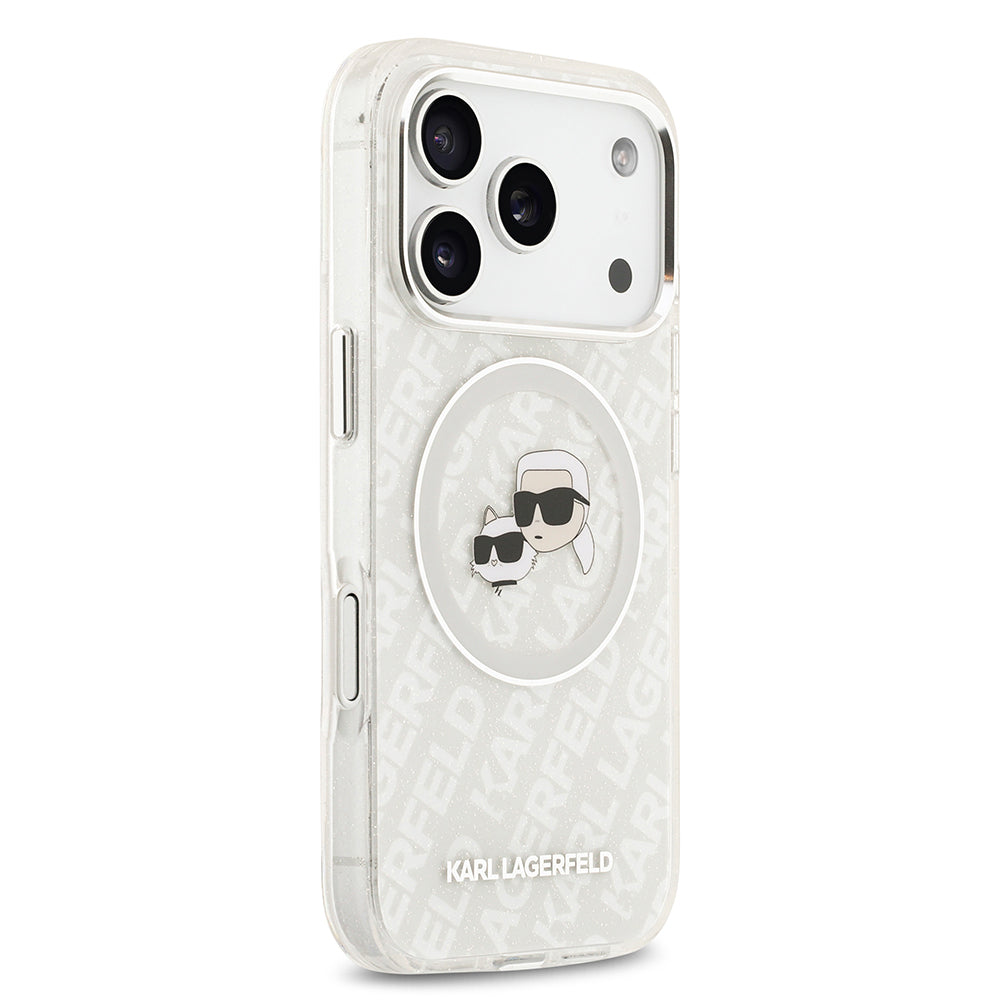 Apple iPhone 17 Pro Max Kılıf Karl Lagerfeld Orjinal Lisanslı Parlayan Simli Karl & Choupette Heads Kapak
