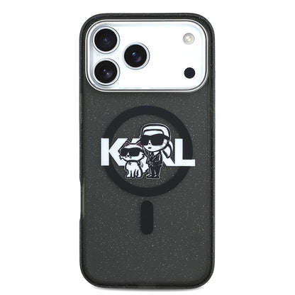 Apple iPhone 17 Pro Max Kılıf Karl Lagerfeld Orjinal Lisanslı Parlayan Simli Karl & Choupette Sketch Logo Kapak