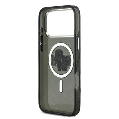 Apple iPhone 17 Pro Max Kılıf Karl Lagerfeld Orjinal Lisanslı Parlayan Simli Karl & Choupette Sketch Logo Kapak