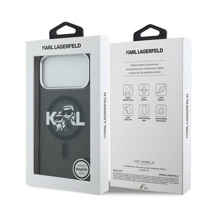 Apple iPhone 17 Pro Max Kılıf Karl Lagerfeld Orjinal Lisanslı Parlayan Simli Karl & Choupette Sketch Logo Kapak