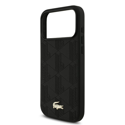 Apple iPhone 17 Pro Max Kılıf Lacoste Orjinal Lisanslı M-safe Şarj Özellikli PU Deri Tasarımlı Karışık Monogram Desenli Kapak