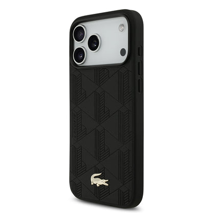 Apple iPhone 17 Pro Max Kılıf Lacoste Orjinal Lisanslı M-safe Şarj Özellikli PU Deri Tasarımlı Karışık Monogram Desenli Kapak